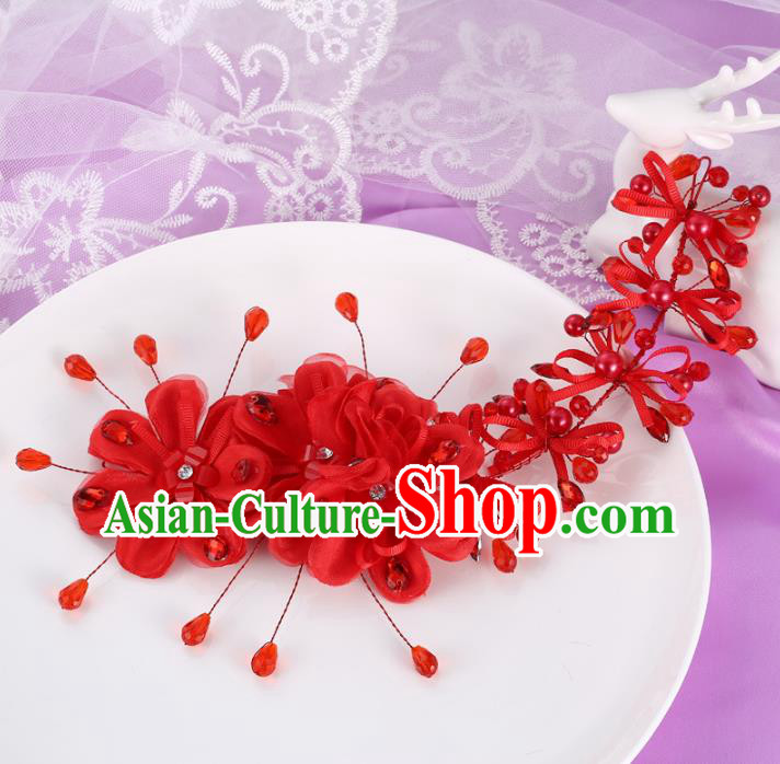 Top Grade Handmade Chinese Classical Hair Accessories Princess Wedding Xiuhe Suit Red Flowers Hair Stick Bride Headband Headwear for Women