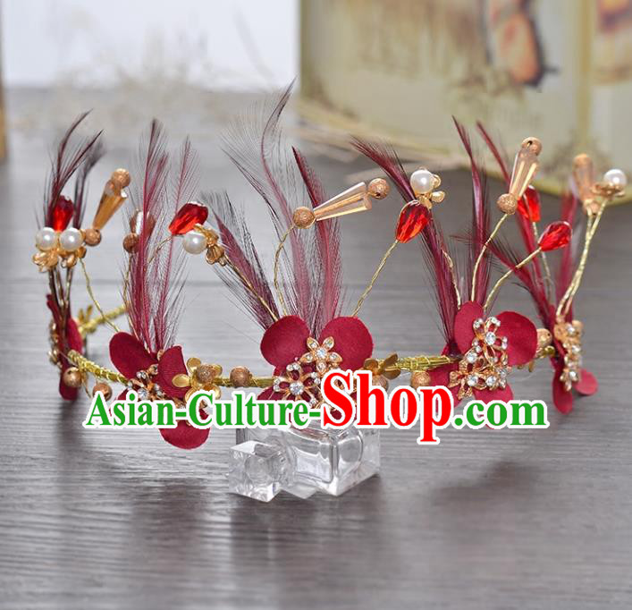 Top Grade Handmade Chinese Classical Hair Accessories Princess Wedding Baroque Red Feather Hair Clasp Bride Headband Royal Crown for Women
