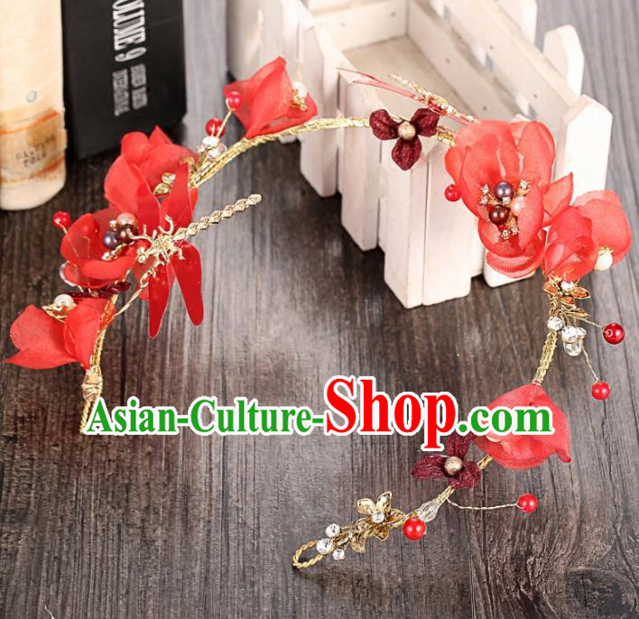 Top Grade Handmade Chinese Classical Hair Accessories Princess Wedding Baroque Red Flowers Hair Clasp Bride Dragonfly Headband for Women