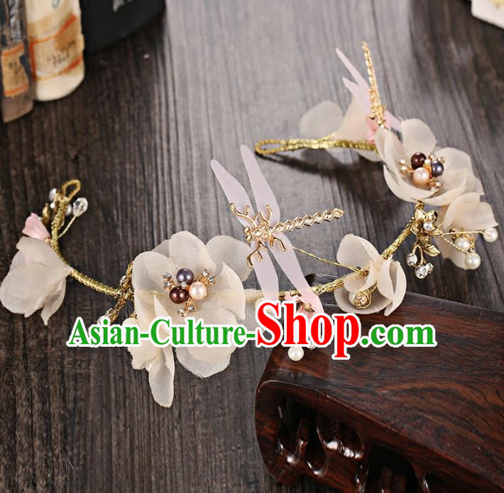 Top Grade Handmade Chinese Classical Hair Accessories Princess Wedding Baroque White Flowers Hair Clasp Bride Dragonfly Headband for Women