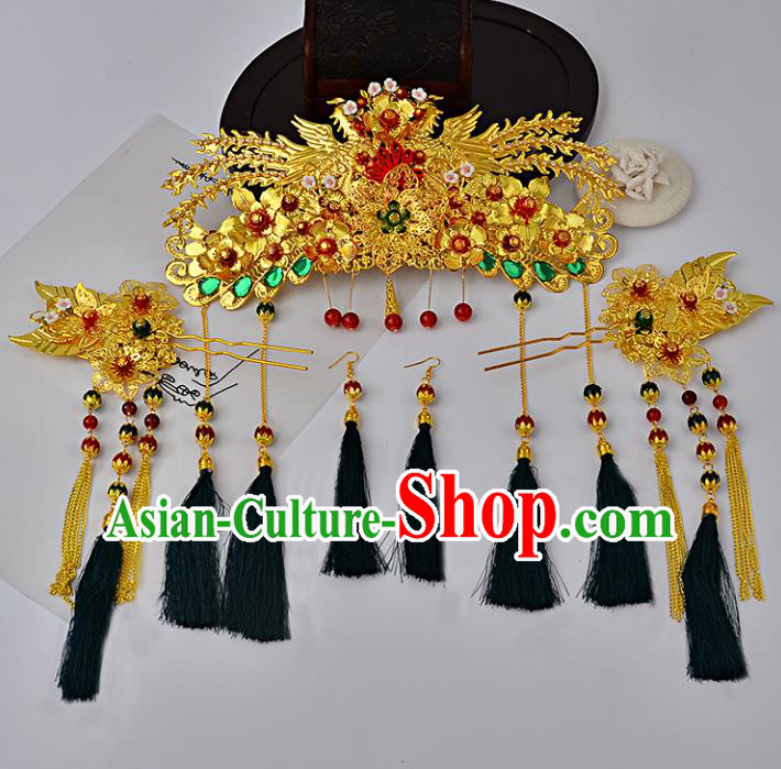 Traditional Handmade Chinese Ancient Costume Wedding Xiuhe Suit Hair Accessories Complete Set Phoenix Coronet, Bride Palace Lady Green Tassel Step Shake Hanfu Hairpins for Women