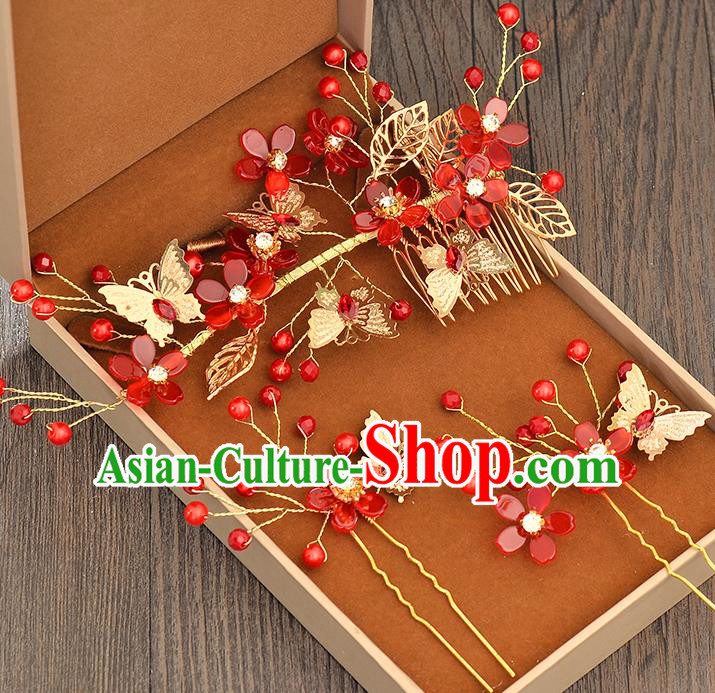 Top Grade Handmade Chinese Classical Hair Accessories Princess Wedding Baroque Red Flowers Hair Clasp Hairpins Headband Bride Headwear for Women