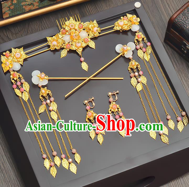 Traditional Handmade Chinese Ancient Wedding Xiuhe Suit Hair Accessories Golden Tassel Hair Comb Complete Set, Bride Palace Lady Step Shake Hanfu Hairpins for Women