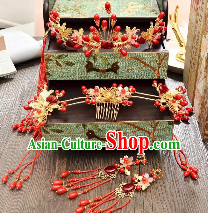 Traditional Handmade Chinese Ancient Wedding Xiuhe Suit Hair Accessories Red Tassel Hair Clasp, Bride Palace Lady Step Shake Hanfu Hairpins for Women