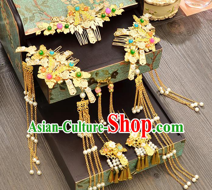 Traditional Handmade Chinese Ancient Costume Wedding Xiuhe Suit Bride Tassel Phoenix Coronet Hair Accessories Complete Set, Step Shake Hanfu Hairpins for Women