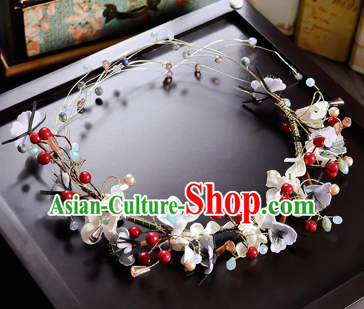 Top Grade Handmade Chinese Classical Hair Accessories Princess Wedding Baroque Red Beads Flowers Garland Hair Clasp Headband Bride Headband for Women