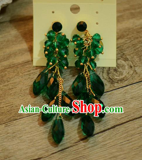 Top Grade Handmade Chinese Classical Jewelry Accessories Wedding Green Crystal Tassel Ear Stud Bride Hanfu Earrings for Women