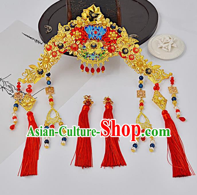 Traditional Handmade Chinese Wedding Xiuhe Suit Bride Hair Accessories Tassel Phoenix Coronet, Step Shake Hanfu Hairpins for Women
