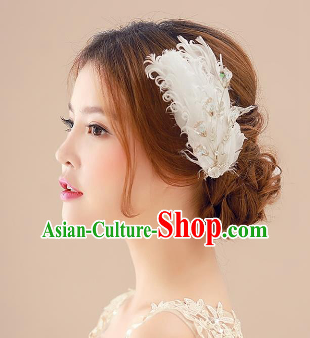 Top Grade Handmade Chinese Classical Hair Accessories Princess Wedding Baroque Headwear White Feather Headband Hair Stick for Women