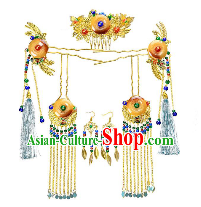 Traditional Handmade Chinese Wedding Xiuhe Suit Bride Hair Accessories Jade Phoenix Coronet Complete Set, Tassel Step Shake Hanfu Hairpins for Women