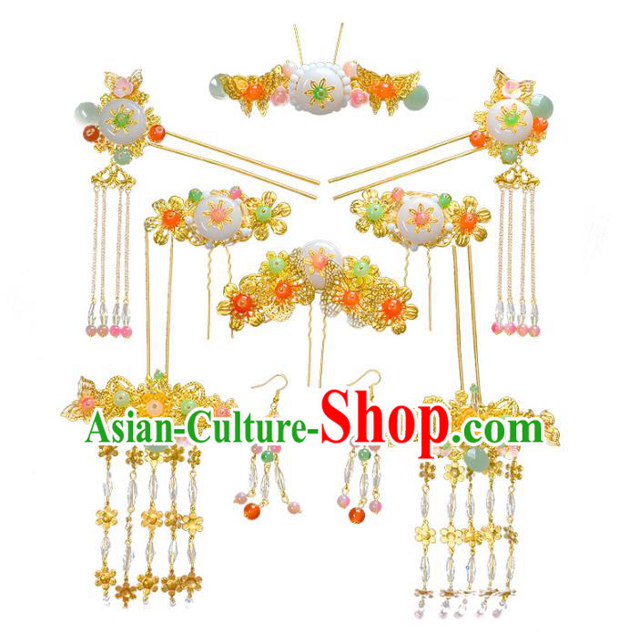 Traditional Handmade Chinese Wedding Xiuhe Suit Bride Hair Accessories Jade Hair Comb Complete Set, Step Shake Hanfu Hairpins for Women