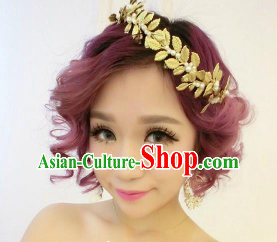 Top Grade Handmade Chinese Classical Hair Accessories Princess Wedding Baroque Golden Leaf Headwear Pearls Headband Bride Hair Clasp for Women