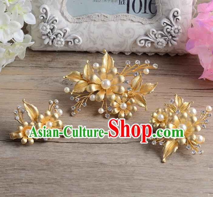 Top Grade Handmade Chinese Classical Hair Accessories Princess Wedding Baroque Golden Headwear Pearls Hair Stick Bride Hair Claw for Women