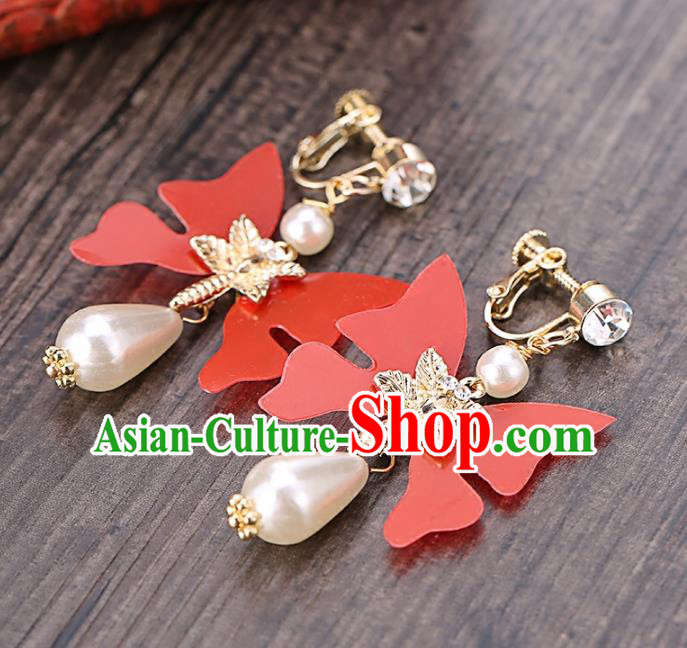 Top Grade Handmade Chinese Classical Jewelry Accessories Wedding Red Butterfly Tassel Ear Stud Bride Hanfu Earrings for Women