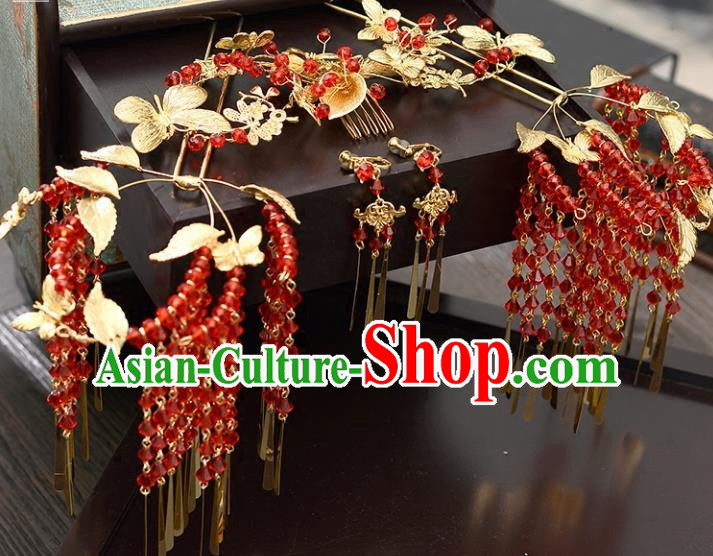 Traditional Handmade Chinese Wedding Xiuhe Suit Bride Hair Accessories Hair Comb and Hairpins Complete Set, Red Tassel Step Shake Hanfu Hairpins for Women