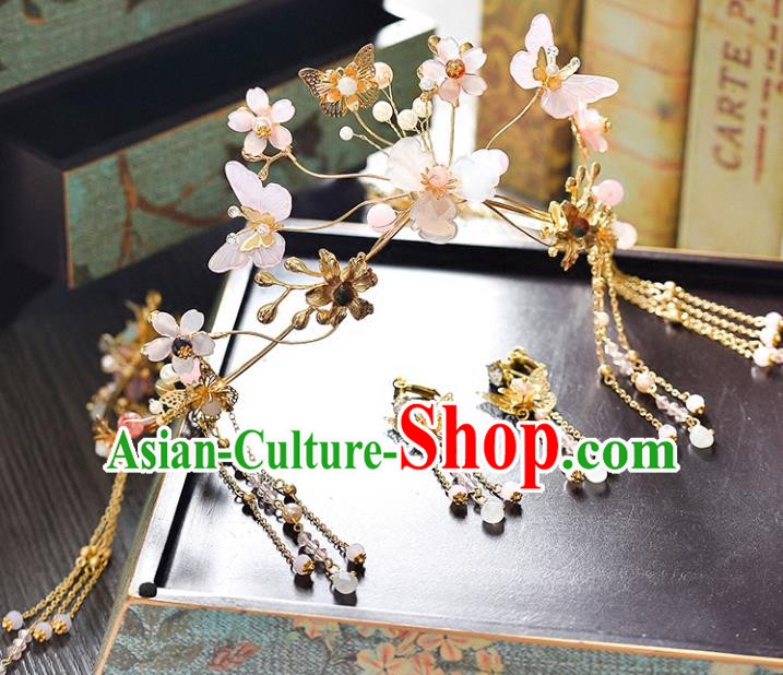 Traditional Handmade Chinese Wedding Xiuhe Suit Bride Hair Accessories Pink Butterfly Hairpins Complete Set, Step Shake Hanfu Hairpins for Women
