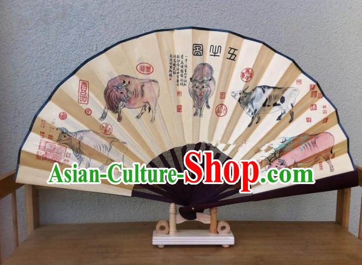 Traditional Chinese Crafts Silk Folding Fan China Sensu Ink Painting Five Oxen Accordion Fan for Men