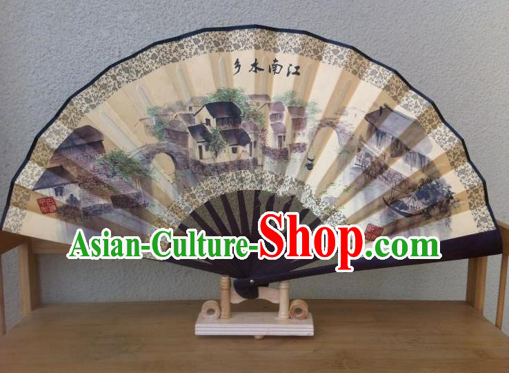 Traditional Chinese Crafts Silk Folding Fan China Sensu Ink Painting Jiangnan Countryside Accordion Fan for Men