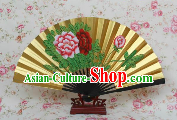 Traditional Chinese Crafts Peking Opera Folding Fan China Sensu Printing Peony Flowers Dance Blue Accordion Fan for Women
