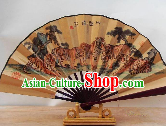 Traditional Chinese Crafts Peking Opera Folding Fan China Sensu Printing Five Tigers Accordion Silk Fan for Men