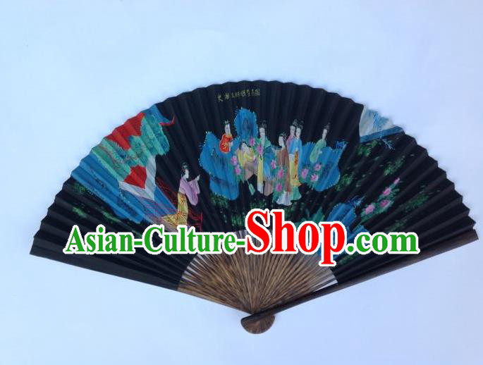 Traditional Chinese Crafts Peking Opera Folding Fan China Sensu Ink Painting A Dream in Red Mansions Black Paper Paper Fan