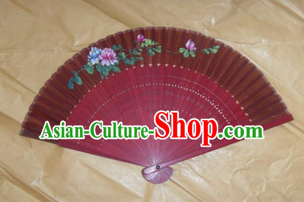 Traditional Chinese Crafts Peking Opera Folding Fan China Sensu Printing Flowers Red Wood Paper Fan