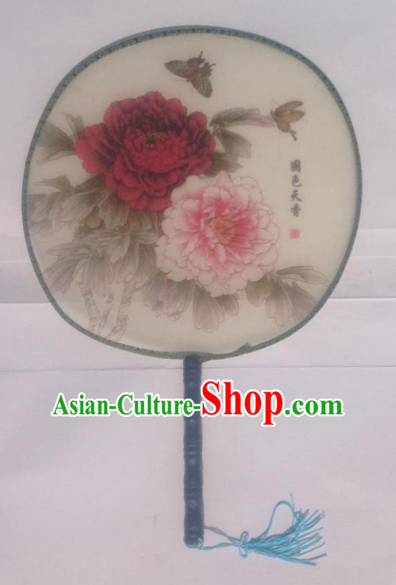 Traditional Chinese Crafts Ancient Palace Lady Dance Round Silk Fan, China Hand Painting Peony Butterfly Imperial Concubine Hanfu Circular Fan for Women