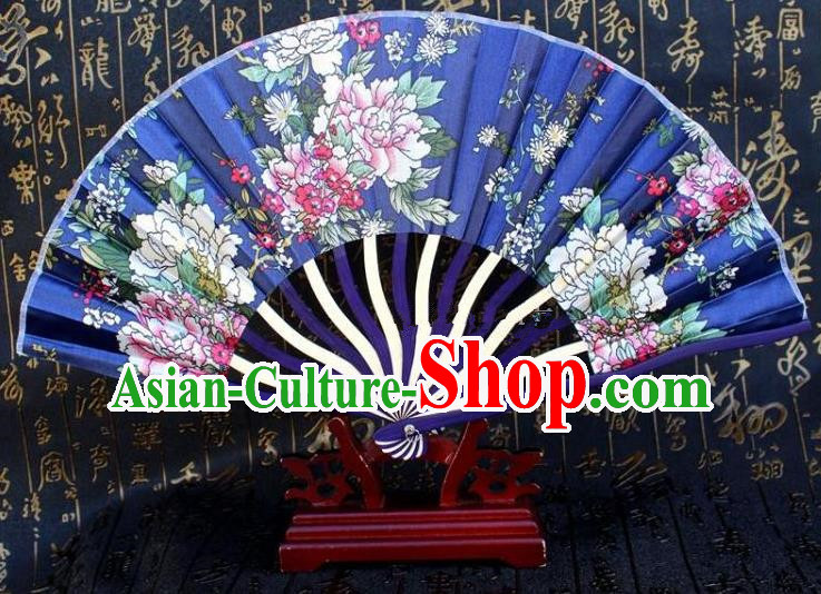 Traditional Chinese Crafts Peking Opera Folding Fan China Sensu Printing Flowers Japan Blue Silk Fan for Women