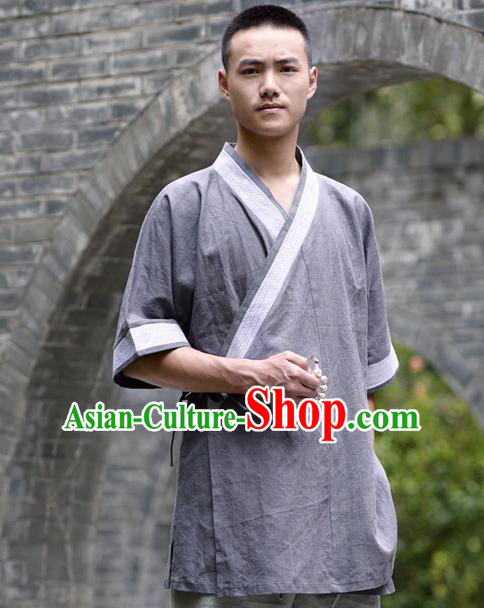 Traditional Chinese Han Dynasty Nobility Childe Hanfu Costume Slant Opening Deep Grey Shirt, China Ancient Martial Arts Upper Garment Clothing for Men