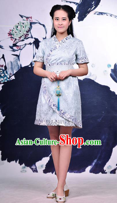 Traditional Ancient Chinese Young Women Cheongsam Blue Dress, Republic of China Tangsuit Brocade Cheongsam for Women