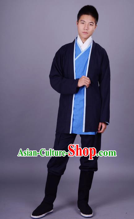 Traditional Chinese Han Dynasty Nobility Childe Hanfu Costume Slant Opening Blue Shirt and Cardigan, China Ancient Martial Arts Upper Garment Clothing for Men