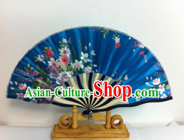 Traditional Chinese Crafts Peking Opera Folding Fan China Sensu Hand Painting Flowers Chinese Blue Silk Dance Fan for Women