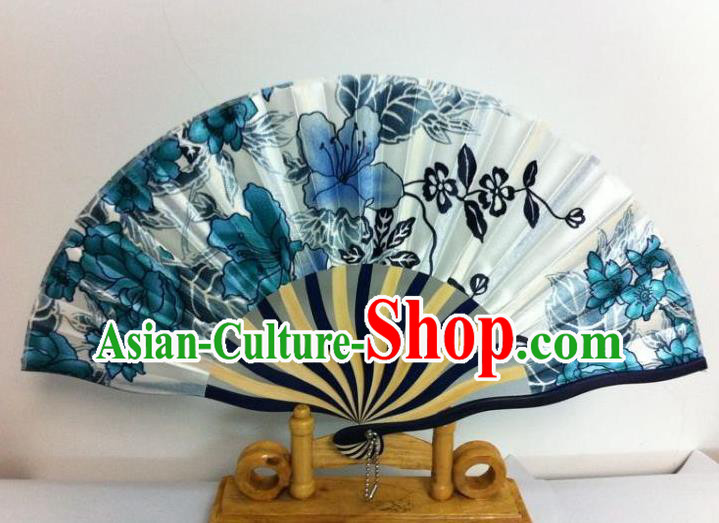 Traditional Chinese Crafts Peking Opera Folding Fan China Sensu Hand Painting Blue Flowers Chinese Silk Dance Fan for Women
