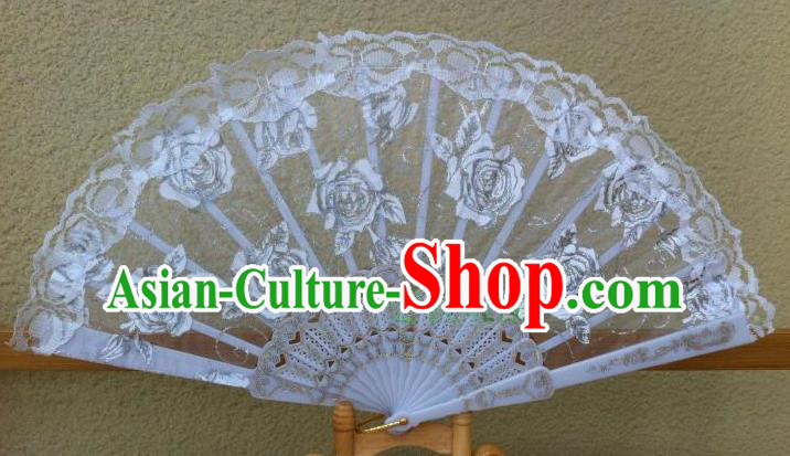 Traditional Chinese Crafts Peking Opera Folding Fan China Sensu Handmade Rose Chinese Dance White Lace Fan for Women