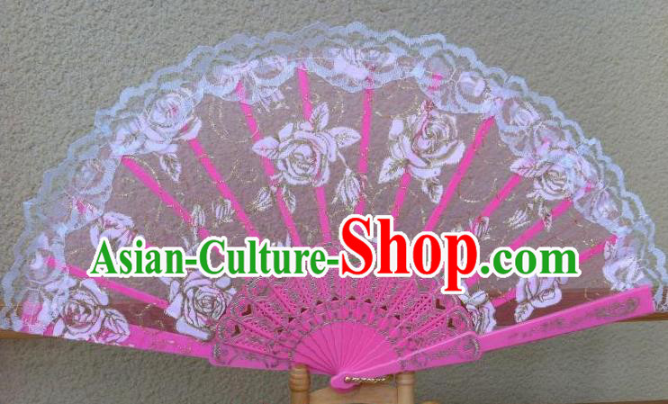 Traditional Chinese Crafts Peking Opera Folding Fan China Sensu Handmade Rose Chinese Dance Pink Lace Fan for Women