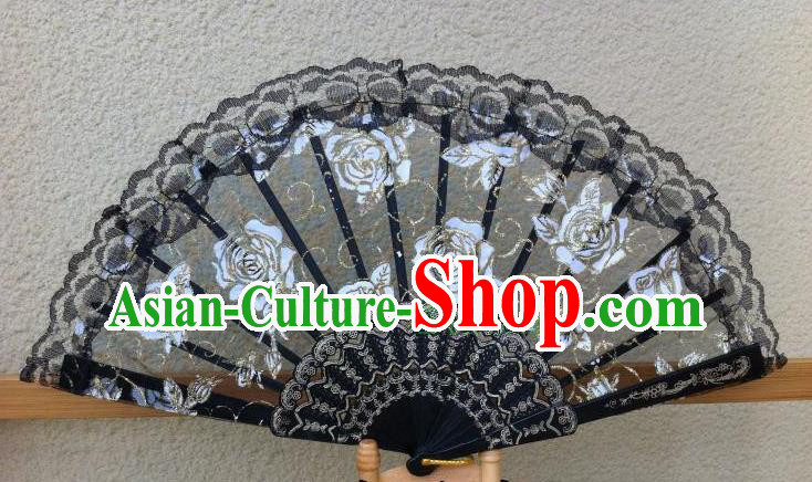 Traditional Chinese Crafts Peking Opera Folding Fan China Sensu Handmade Rose Chinese Dance Black Lace Fan for Women
