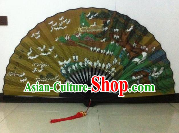 Traditional Chinese Crafts Peking Opera Folding Fan China Sensu Handmade Chinese Painting Crane Large Silk Fan for Men