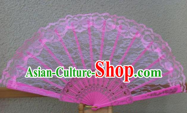 Traditional Chinese Crafts Peking Opera Folding Fan China Sensu Handmade Chinese Dance Pink Lace Fan for Women