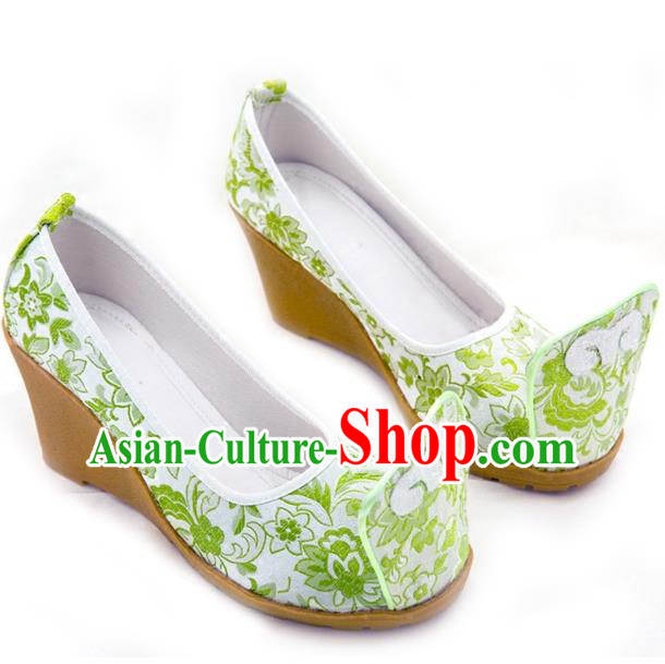 Traditional Chinese Ancient Wedding Cloth Shoes, China Princess Shoes Hanfu Handmade Embroidery Green Become Warped Head Shoe for Women