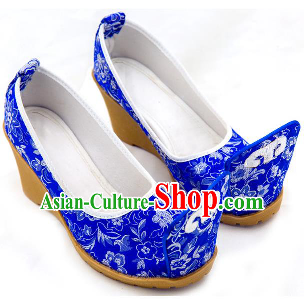 Traditional Chinese Ancient Wedding Cloth Shoes, China Princess Shoes Hanfu Handmade Embroidery Royalblue Become Warped Head Shoe for Women