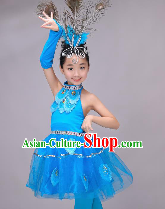 Chinese Dai Nationality Modern Dance Costume, Children Opening Classic Chorus Singing Group Dress Peacock Dance Dress for Girls Kids
