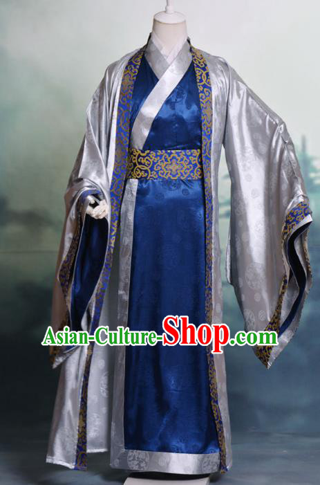 Traditional Chinese Tang Dynasty Nobility Childe Hanfu Costume Silk Long Robe, China Ancient Scholar Clothing Complete Set for Men