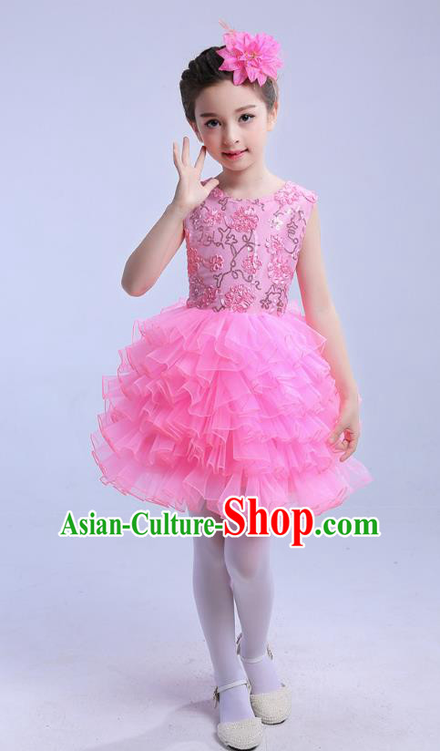 Top Grade Chinese Compere Professional Performance Catwalks Costume, Children Princess Bubble Pink Full Dress Modern Dance Dress for Girls Kids