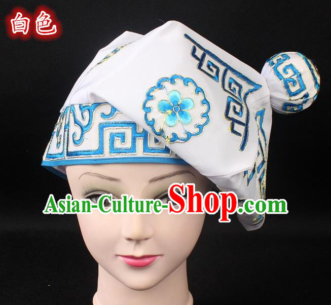 Traditional China Beijing Opera Takefu Hat, Ancient Chinese Peking Opera Martial Arts Men Headwear Embroidery White Kerchief