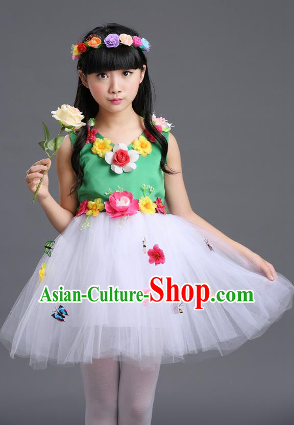 Top Grade Chinese Compere Professional Performance Catwalks Costume, Children Princess Bubble Veil Full Dress Modern Dance Green Dress for Girls Kids