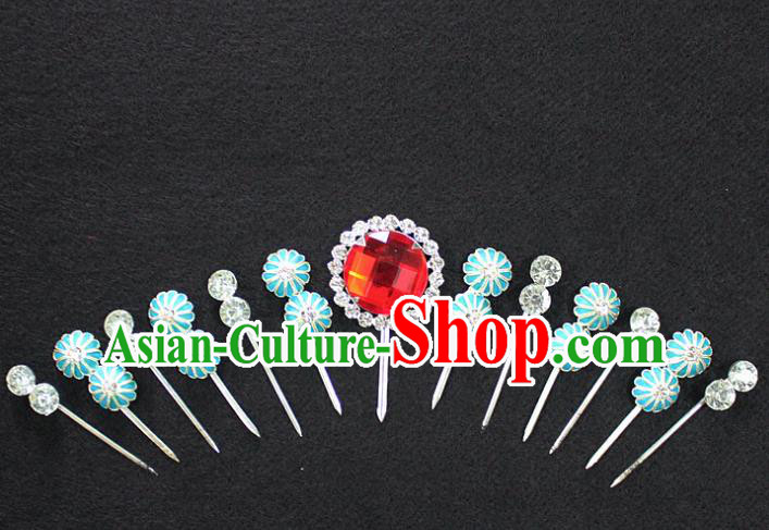 Traditional China Beijing Opera Young Lady Hair Accessories Complete Set, Ancient Chinese Peking Opera Hua Tan Headwear Diva Red Crystal Hairpins