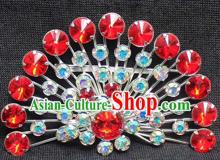 Traditional China Beijing Opera Young Lady Jewelry Accessories Collar Brooch, Ancient Chinese Peking Opera Hua Tan Diva Colorful Red Crystal Fanshaped Breastpin