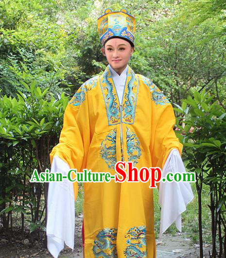 Traditional China Beijing Opera Costume Emperor Embroidered Robe and Headwear Complete Set, Ancient Chinese Peking Opera Embroidery Dragon Gwanbok Clothing