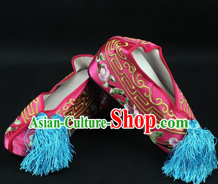 Traditional China Beijing Opera Hua Tan Diva Embroidered Shoes, Ancient Chinese Peking Opera Young Lady Princess Peach Pink Blood Stained Shoes