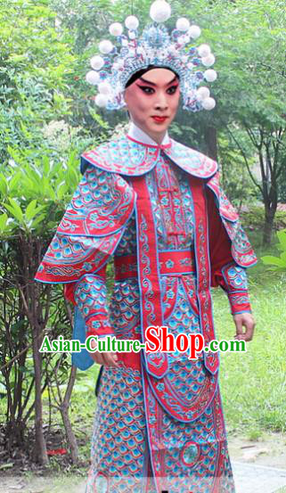 Traditional China Beijing Opera Costume Yang Warrior Robe and Headwear Complete Set, Ancient Chinese Peking Opera Soldier Red Gwanbok Clothing